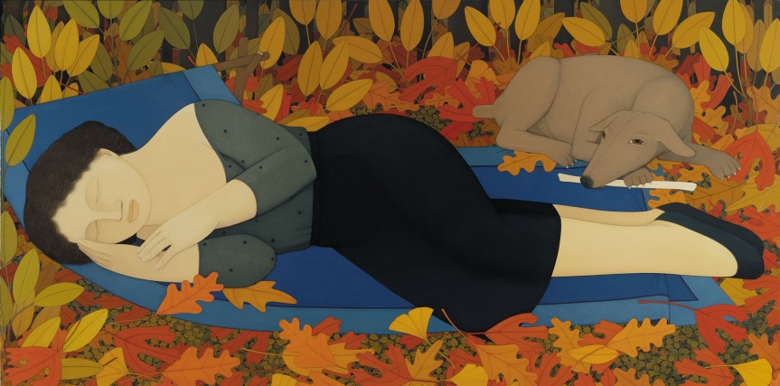 Andrew_Stevovich_oil_painting,_Woman_with_Autumn_Leaves,_1994,_36-_x_72-