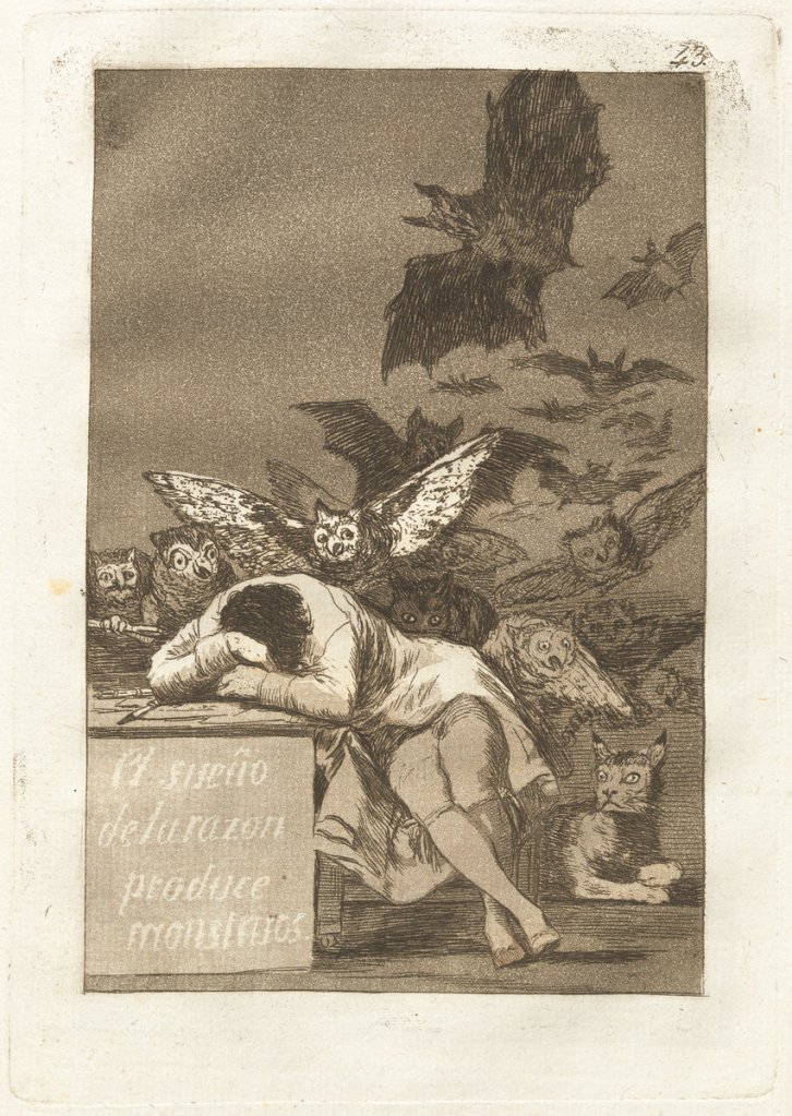 Francisco de Goya, El sueno de la razon produce monstruos (The Sleep of Reason Produces Monsters), Spanish, 1746 - 1828, published 1799, etching and aquatint, Rosenwald Collection